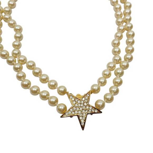 VTG JOAN RIVERS PEARL NECKLACE KNOTTED GOLD TONE STAR SIGNED CLASSIC GLAM LUXURY - Picture 6 of 8